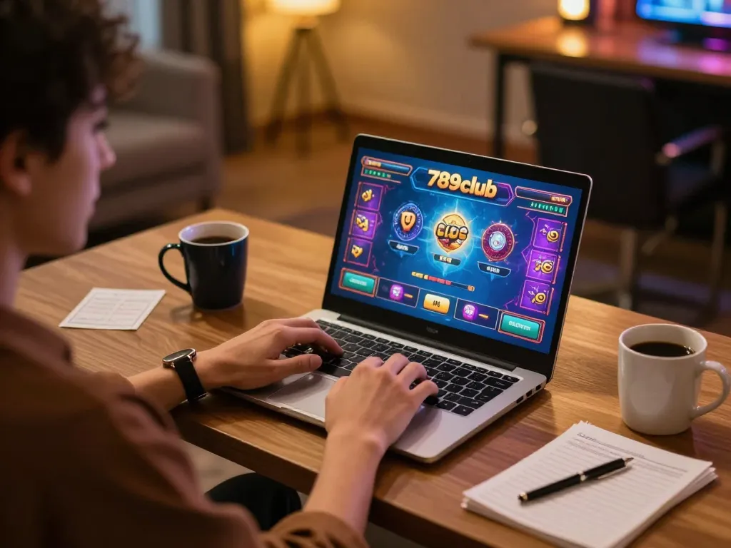 Player engaging with casino games on 789club laptop in cozy home setup