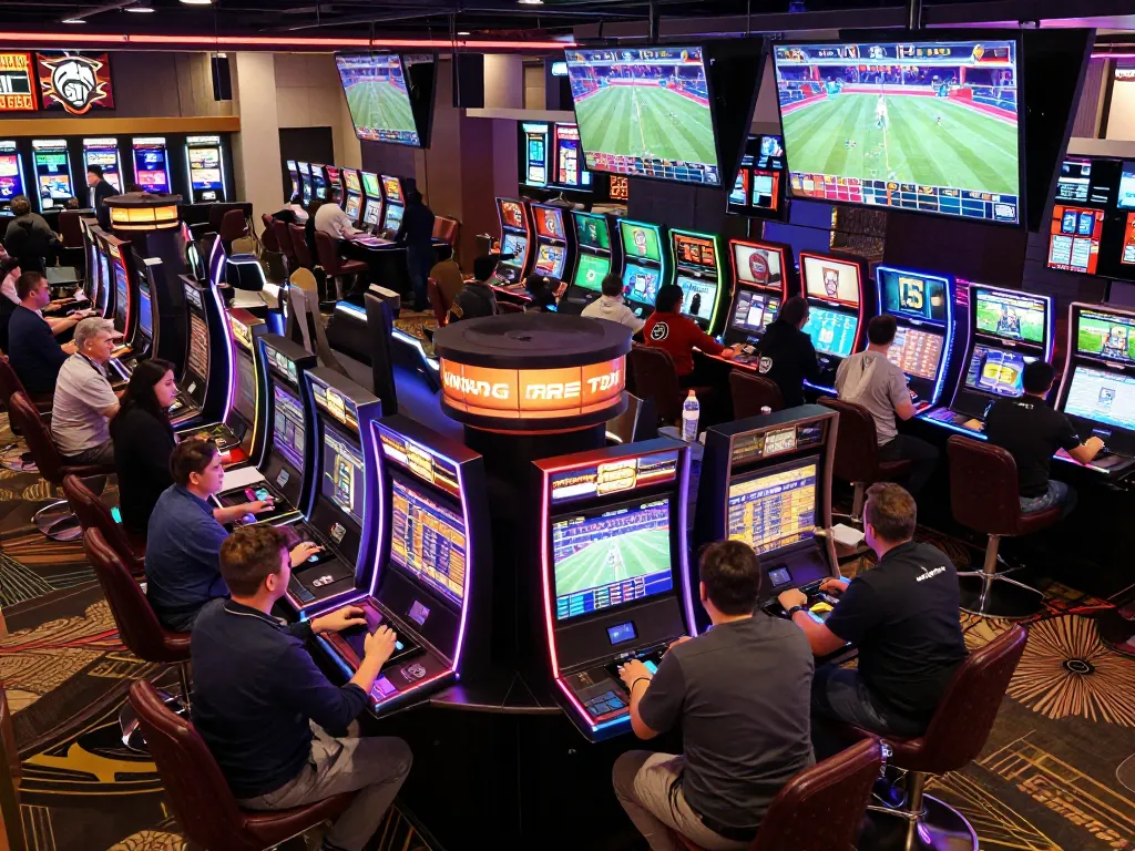 va88 bettors engaging at a sports betting terminal in a lively casino atmosphere