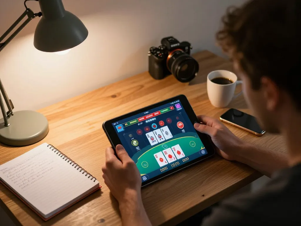 Engaging online gaming moment at 789club with player focused on poker strategy on tablet in a cozy office.