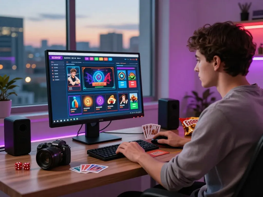 Home gambling setup featuring nhà cái uy tín and gaming accessories, vibrant and engaging atmosphere