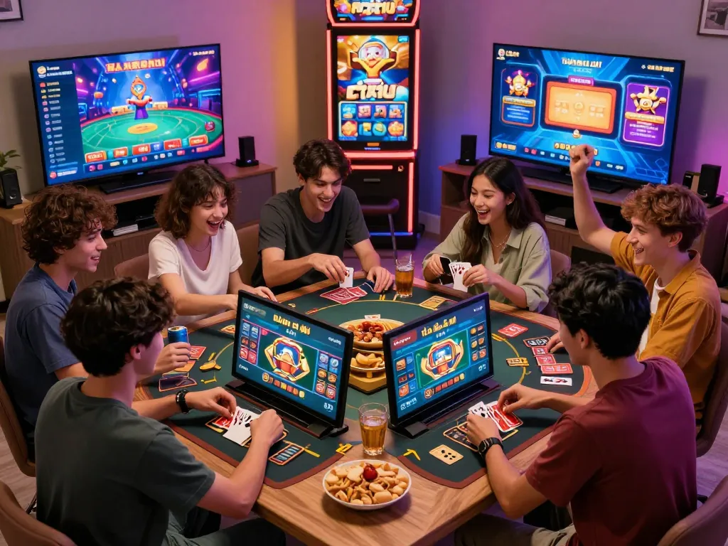 Engaged players enjoying rikvip online card games in a vibrant living space.