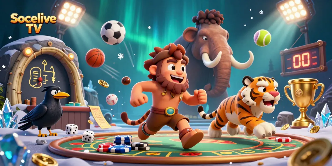 Socolive TV features an energetic scene with a caveman and tiger managing a dynamic prehistoric casino.