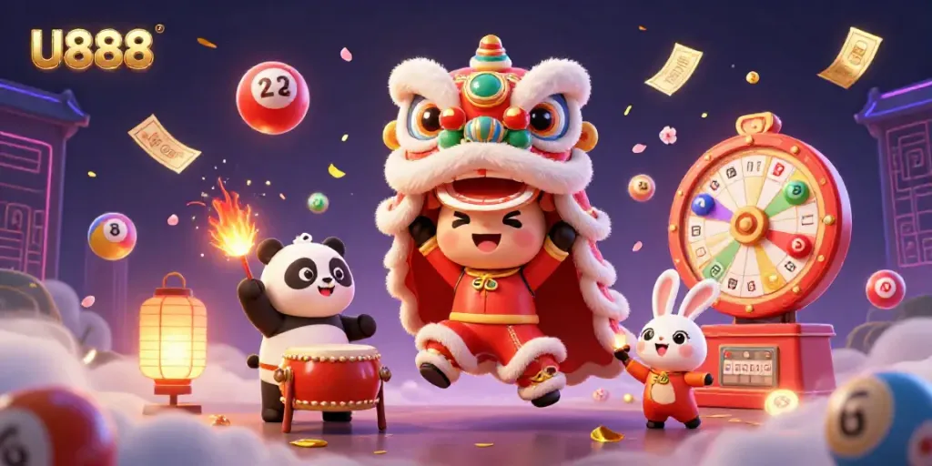 Engage in thrilling U888 gaming with vibrant casino elements like a lion dance, colorful lottery balls, and gold prizes.