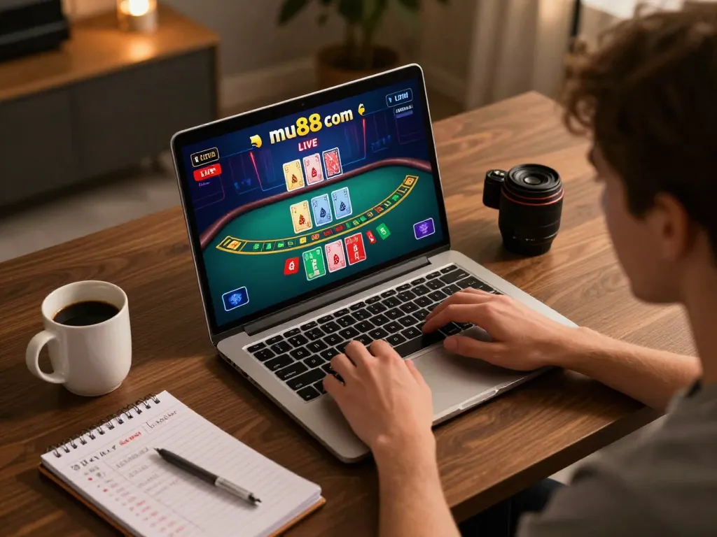 Engaging online casino gameplay at mu88 com with a player using a laptop for blackjack.