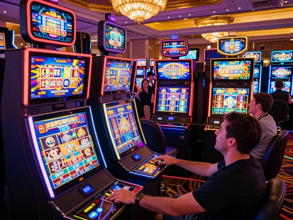 Players enjoying vibrant slot machines at HITCLUB casino, capturing the exciting spin moments.