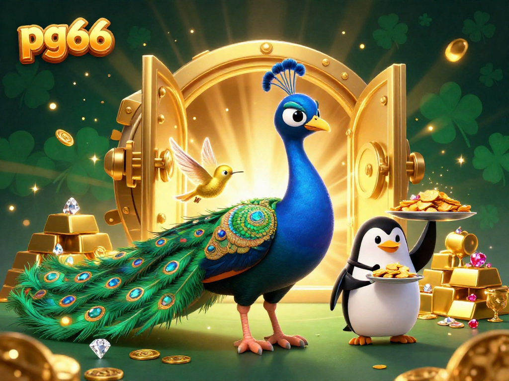 Experience thrilling wins at pg66, where an aristocratic peacock and butler penguin celebrate with gold and gems!