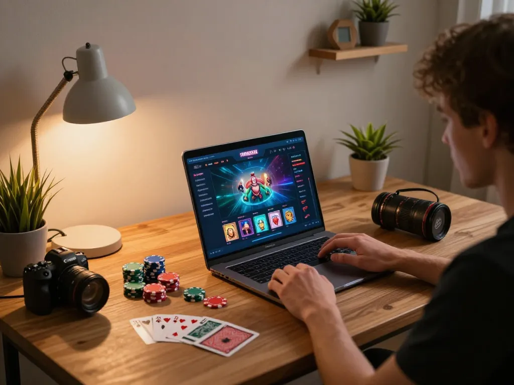 Engaged player using Go88 casino app on laptop in cozy environment, chips and cards visible