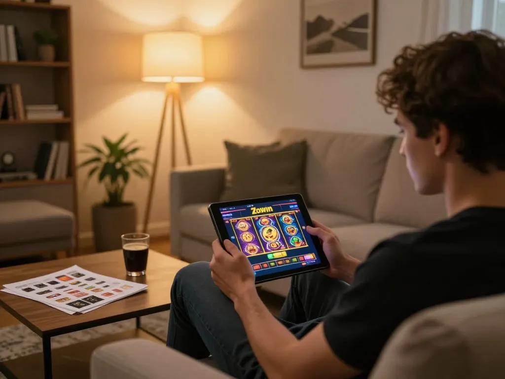 Zowin player enjoying online casino gaming on tablet in cozy living room