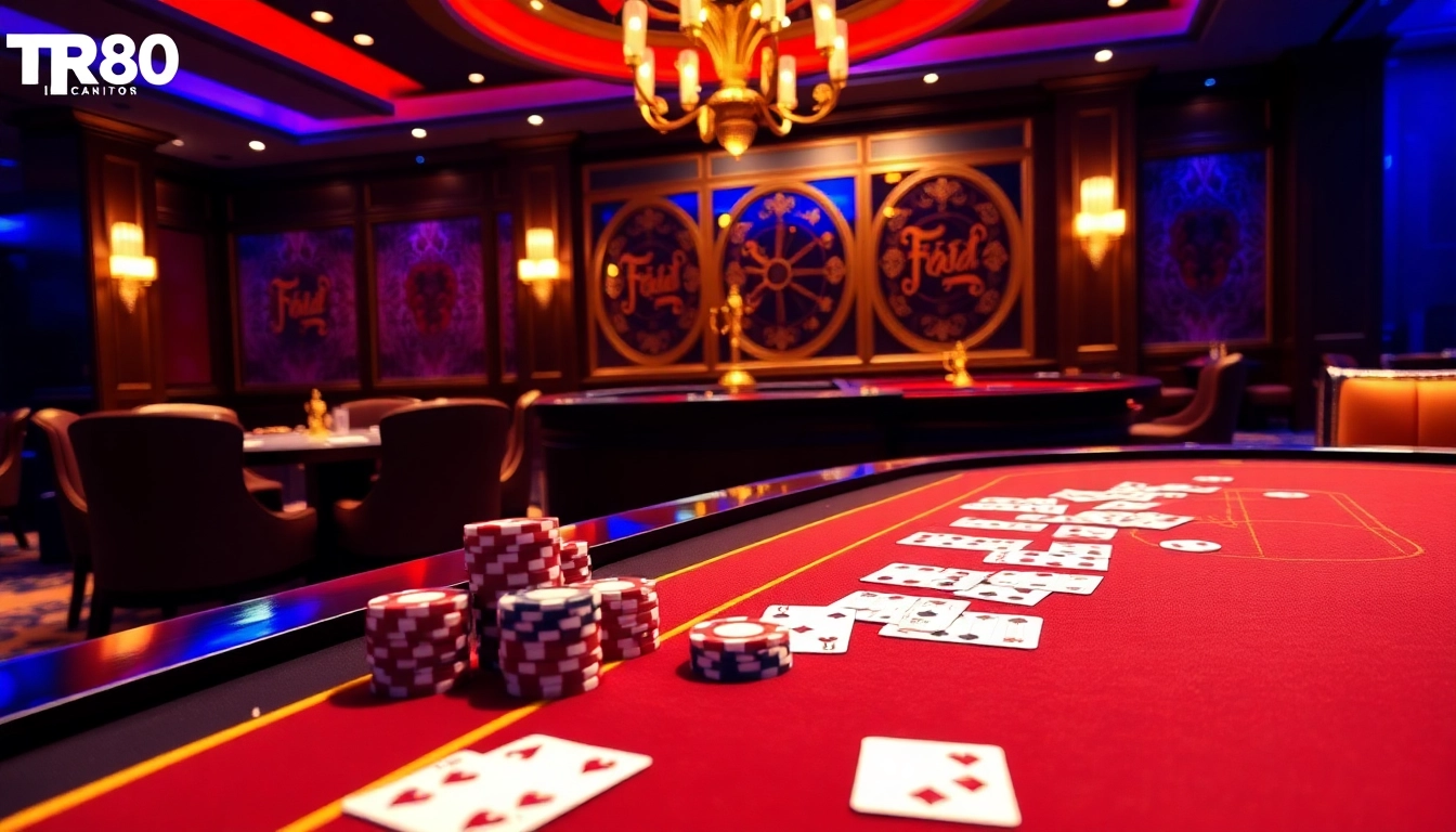 Engaging scene of casino gaming at trang chủ TR88 with poker chips and cards.
