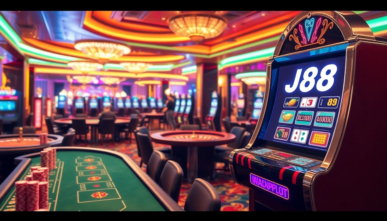 Players enjoying a thrilling j88 gaming experience at a luxurious casino with vibrant tables and bright lights.