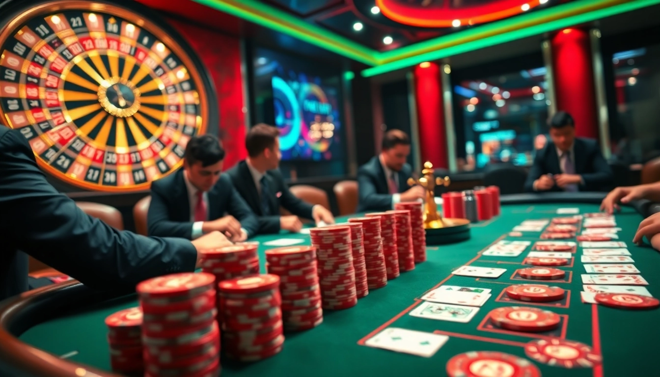 Players engage in high-stakes poker at a luxurious 99 ok casino table, showcasing excitement and strategy.