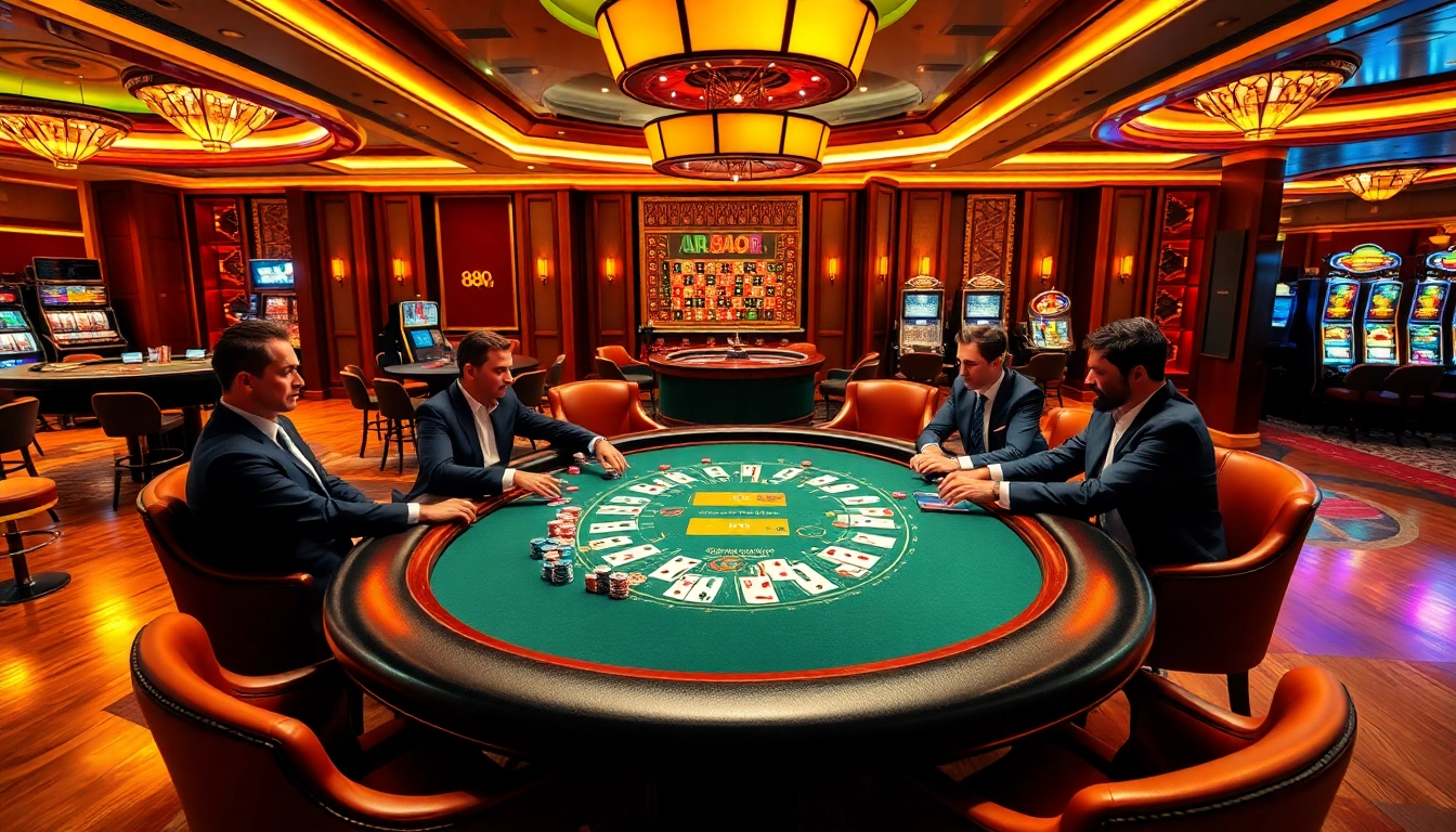Gamble at 888vi's luxurious casino setup with poker tables, high-stakes action, and vibrant chips.