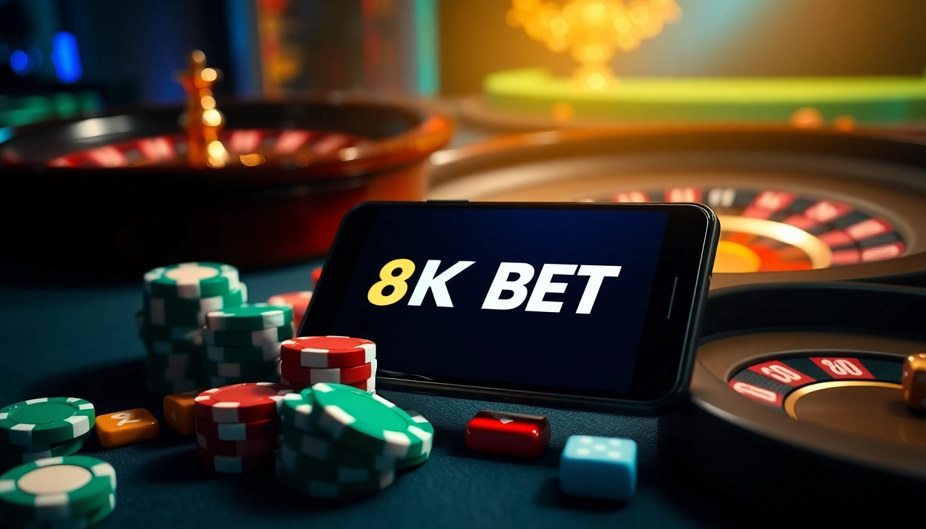 Tải app 8KBET showcasing an exciting mobile gambling experience with poker chips and a roulette wheel.