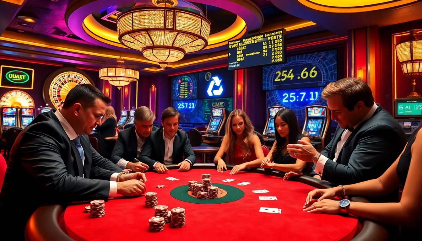 Excited players engaging in poker at c54.gb.net casino, surrounded by vibrant casino elements.