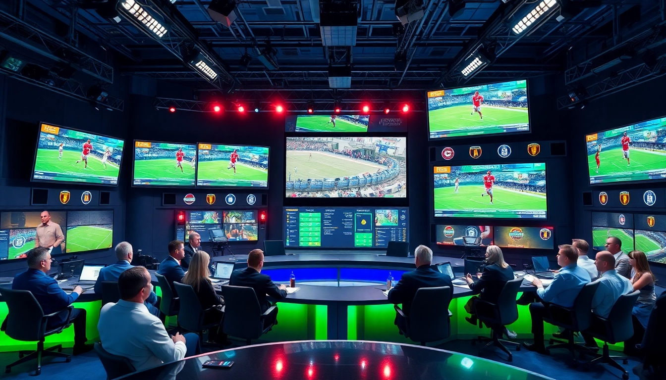 Engaging sports broadcasting scene with diverse commentators and dynamic sports graphics.
