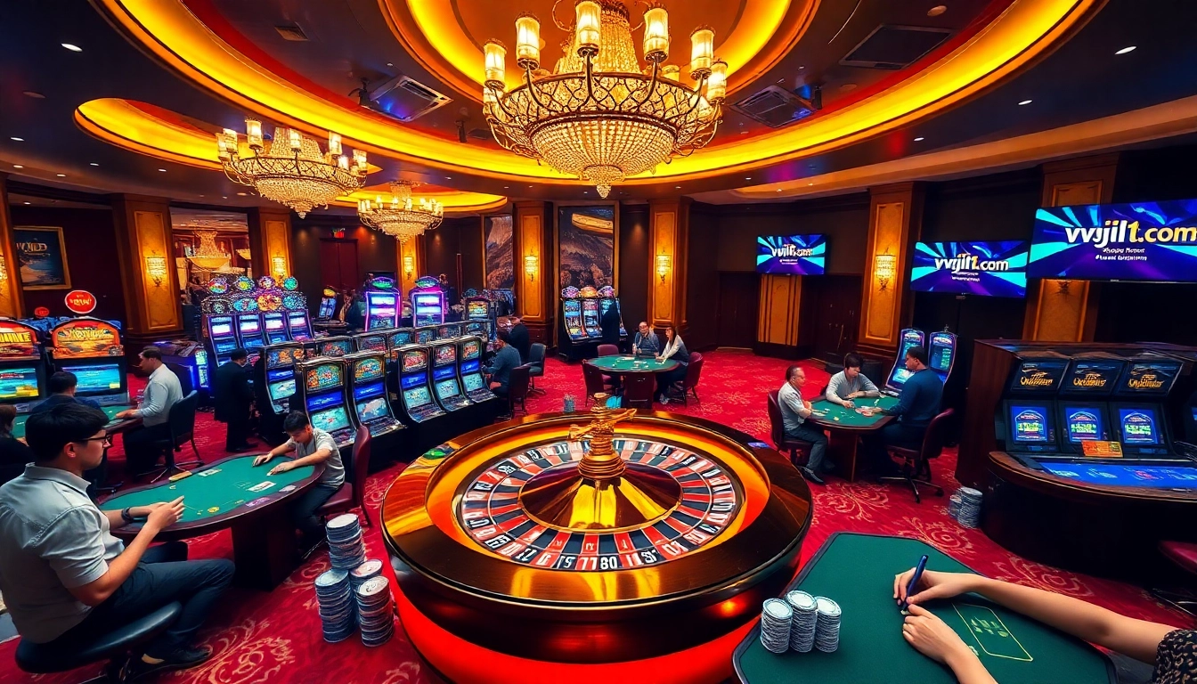 Experience the excitement of vvjl11 com in a luxurious casino setting with players at tables and slot machines.