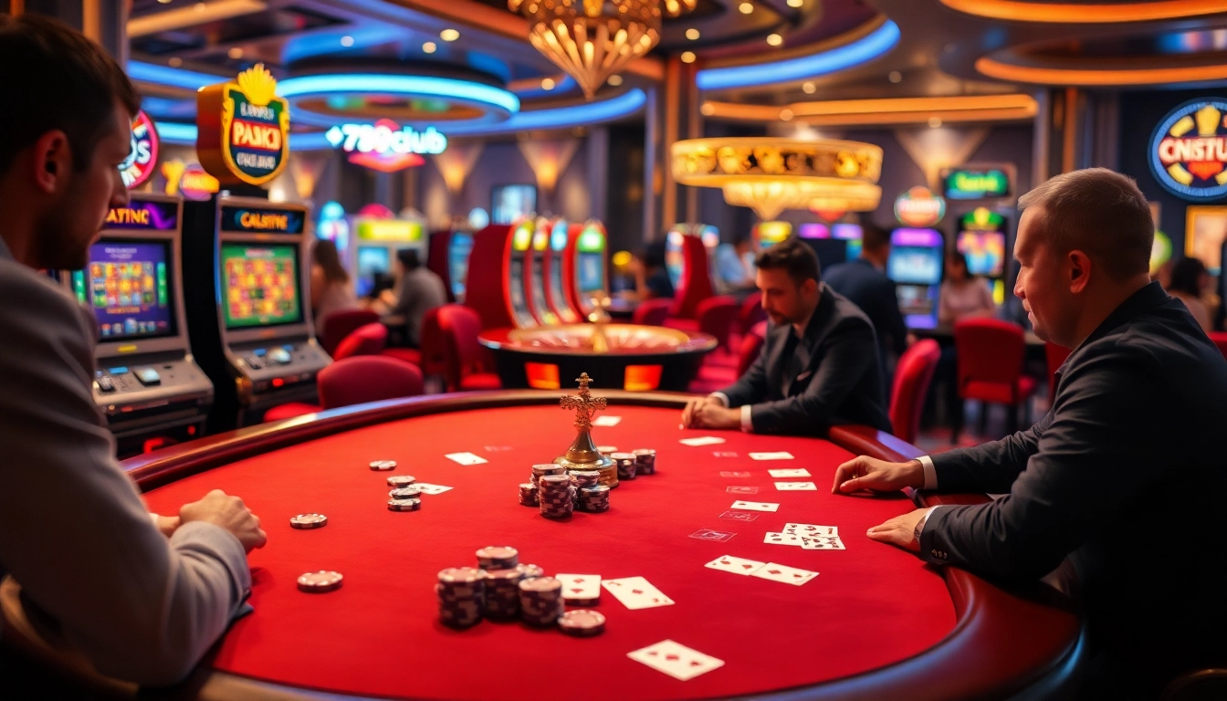 Engaged players at a luxurious 789club poker table with vibrant casino elements.