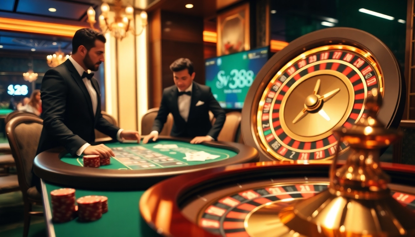 High-stakes gaming scene at SV 388 casino, featuring intense poker action and vibrant roulette wheel.