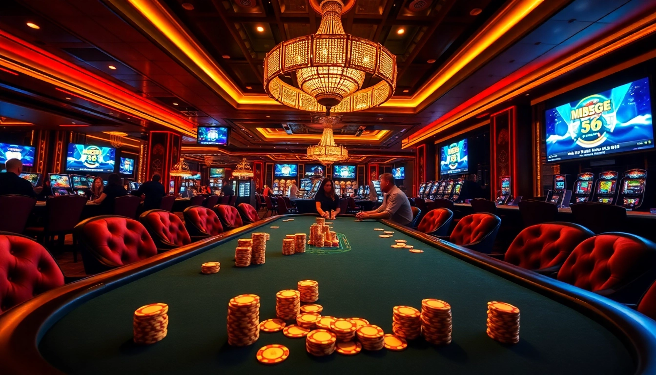 Players enjoy a thrilling poker game at MB66 casino, showcasing luxury and excitement.