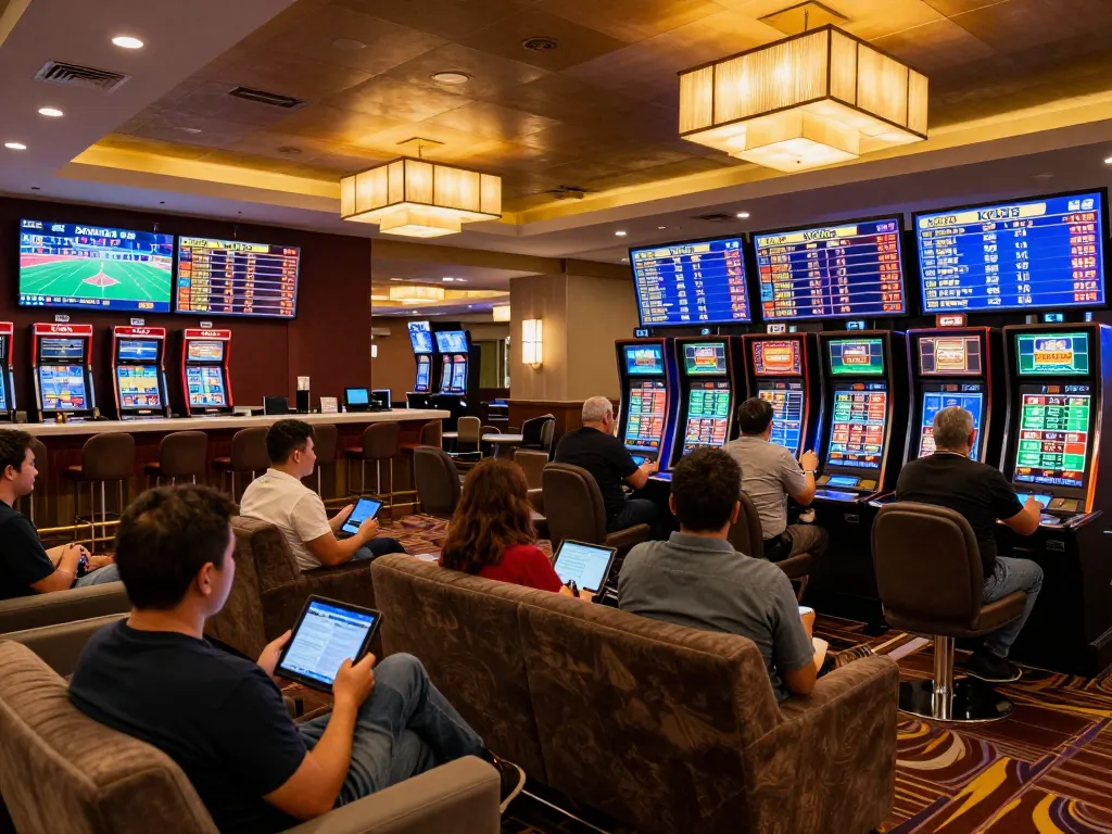 KQBD live scores displayed in a vibrant sports betting lounge with excited patrons engaging with the latest betting odds.