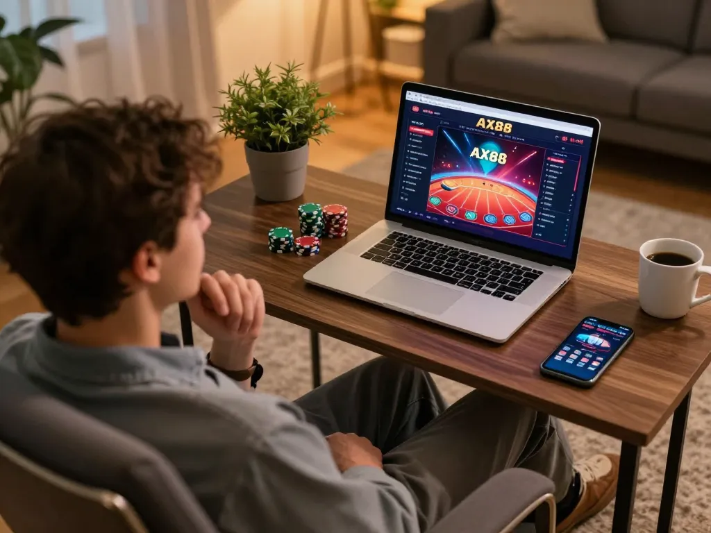 Player strategizing bets on AX88 co platform in cozy online gambling setup