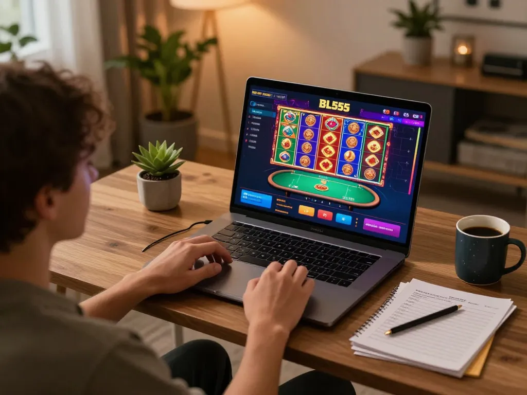 Engaging online gambling at BL555 with a vibrant casino interface displayed on a laptop.