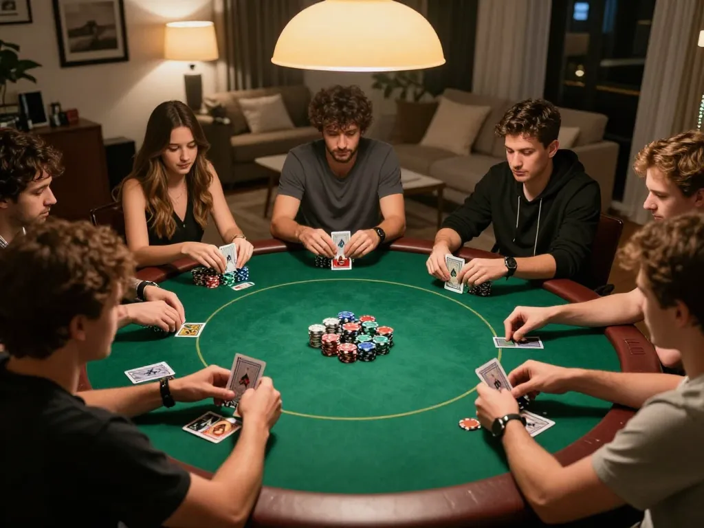 Players strategizing at a poker table during a friendly game, highlighting 8day's authentic gambling experience.