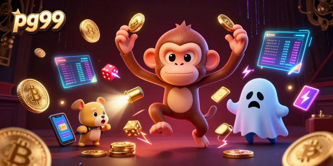 Experience gaming adventures at pg99 with a playful ghost-hunter and juggling poltergeist in a vibrant casino.