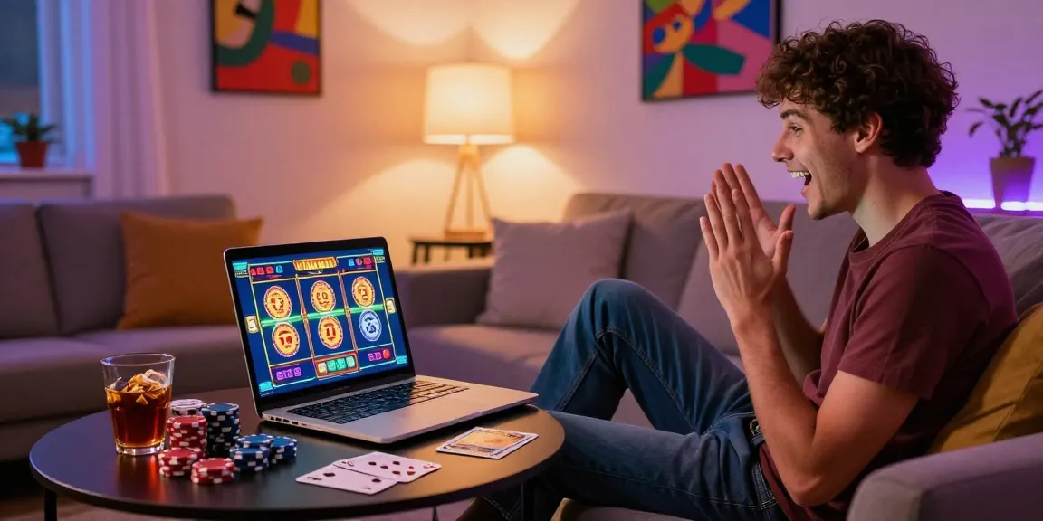 Player enjoying gaming experience at casinos not on GamStop in cozy home setting with vibrant slot game graphics.