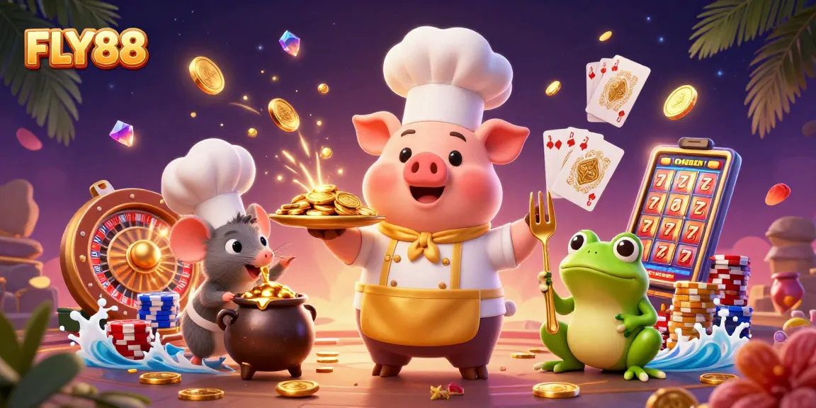 Fly88 chef pig and friends serving golden coins in a vibrant casino scene.