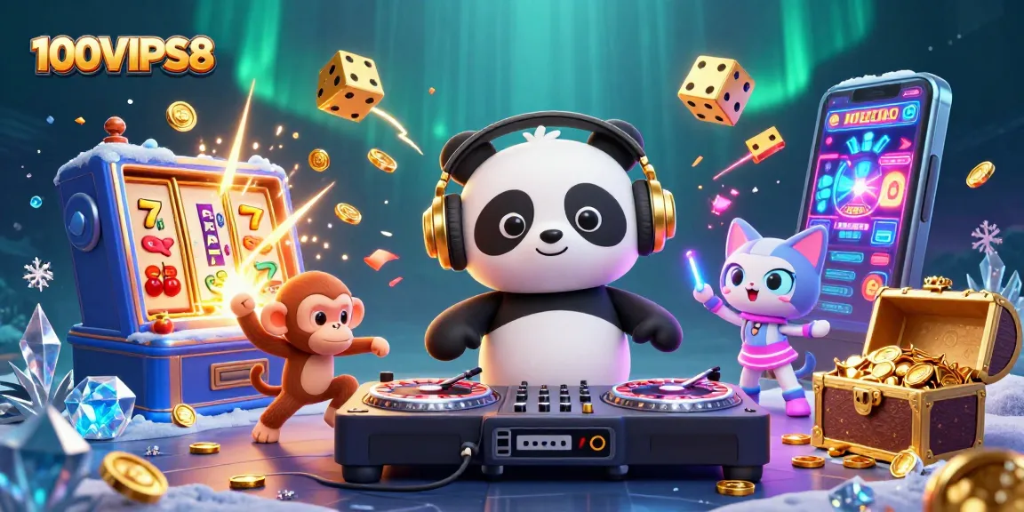 Experience thrilling gameplay with 100VIPS8 featuring a DJ panda, dancing monkey, and vibrant casino elements.