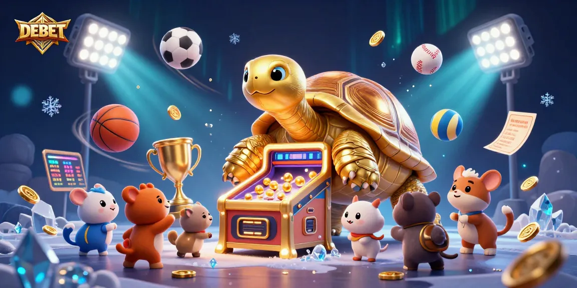 Play exciting games with DEBET's golden pinball tortoise in a lively casino scene.